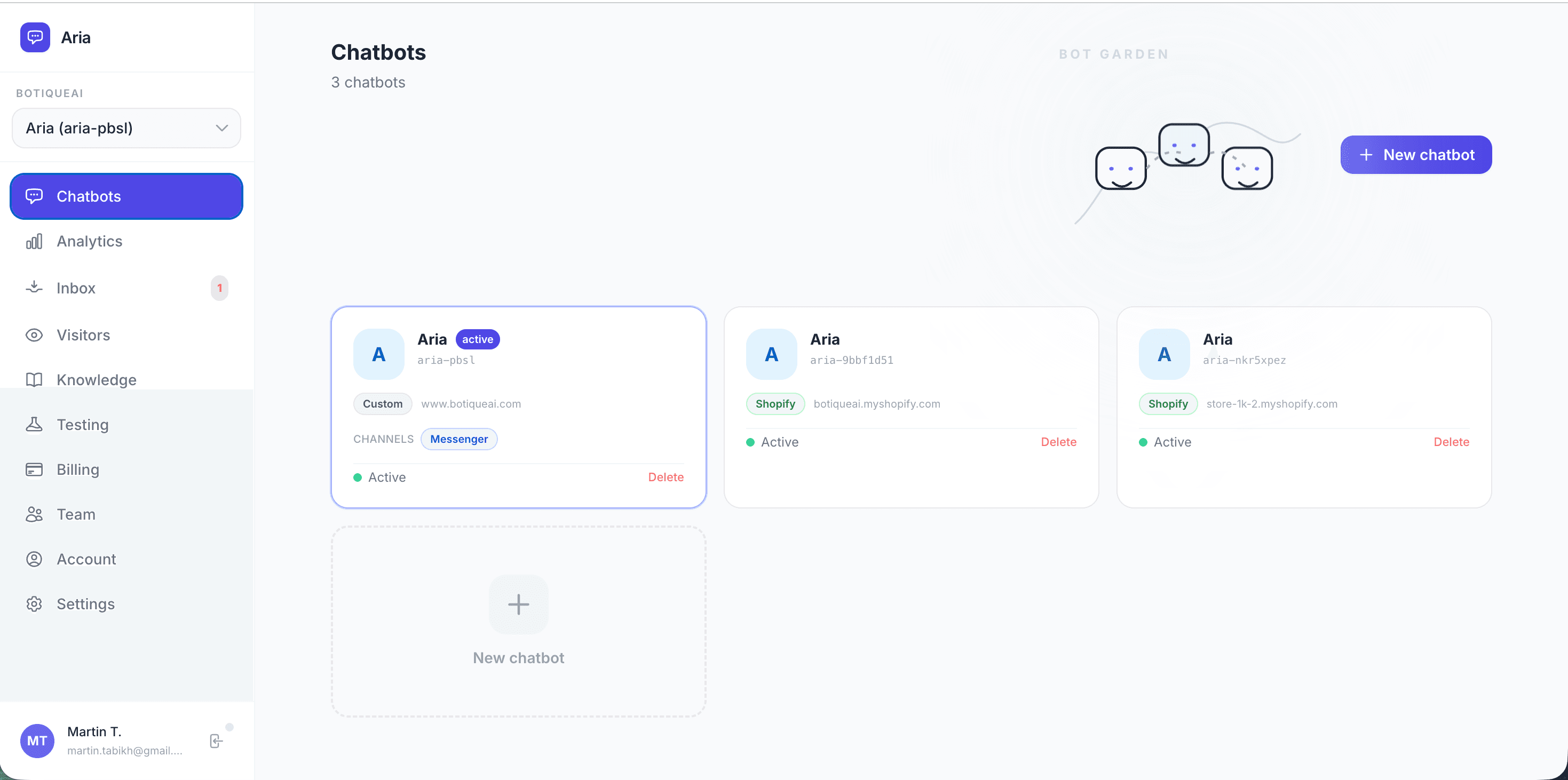 Capture du tableau de bord Aria avec plusieurs chatbots
