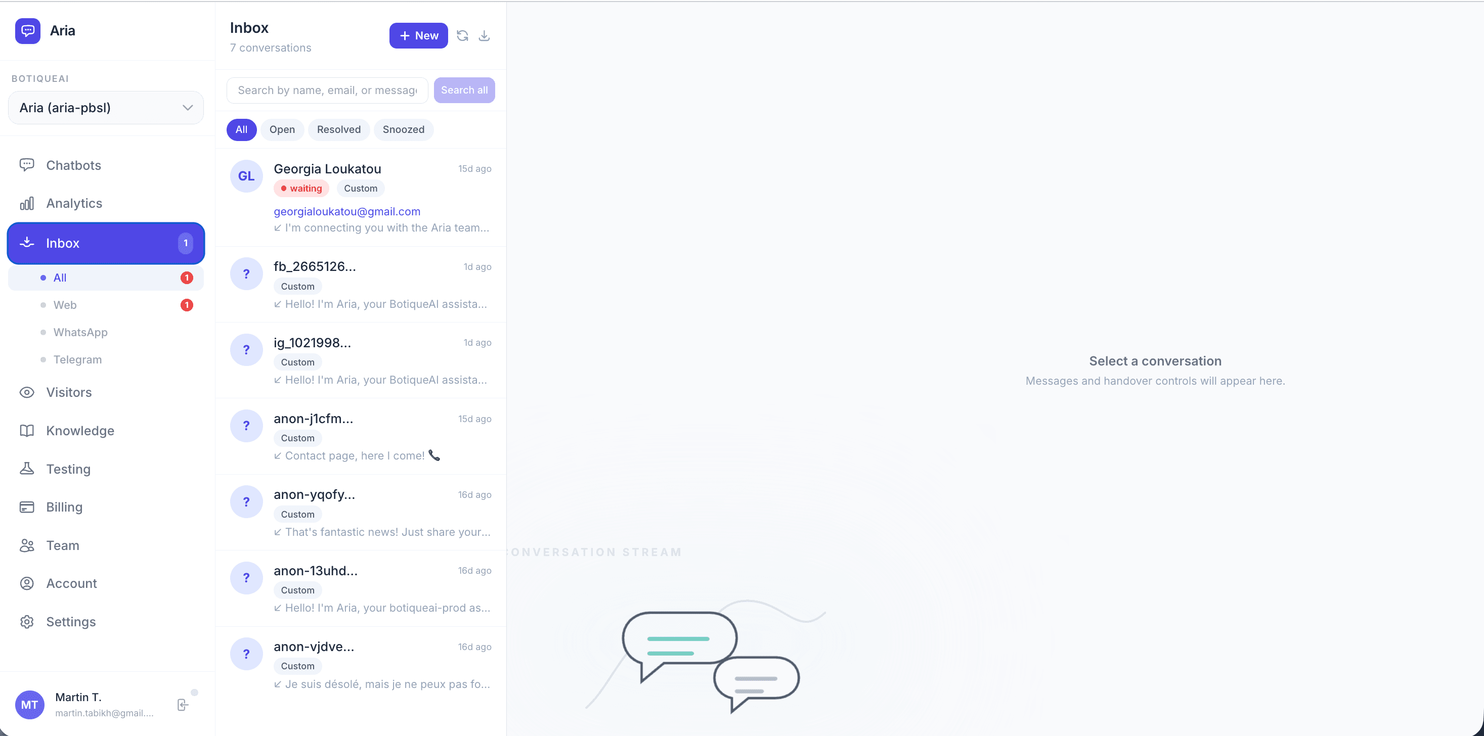 Inbox Aria avec conversations client et filtres