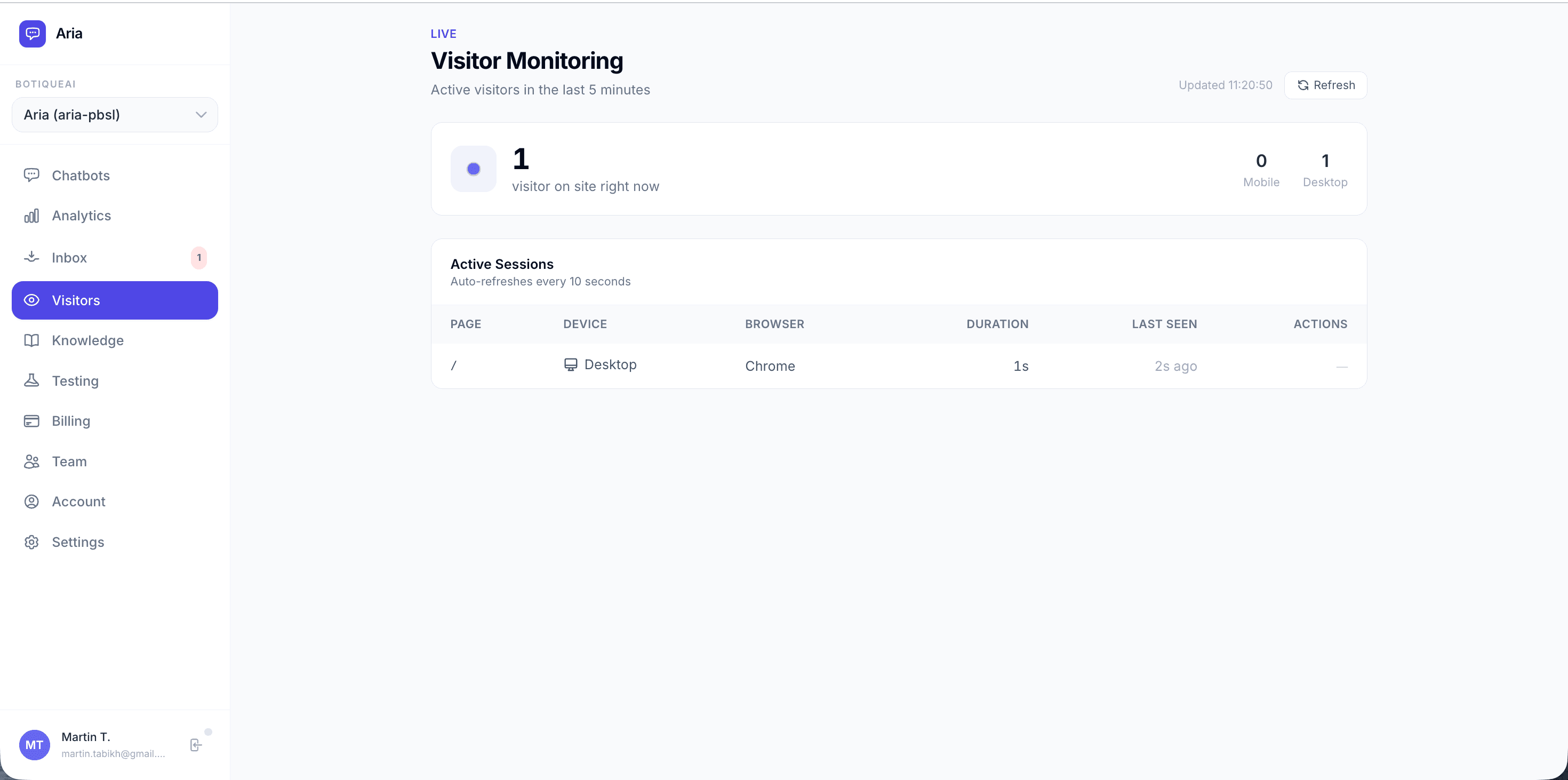 Monitoring des visiteurs actifs dans Aria